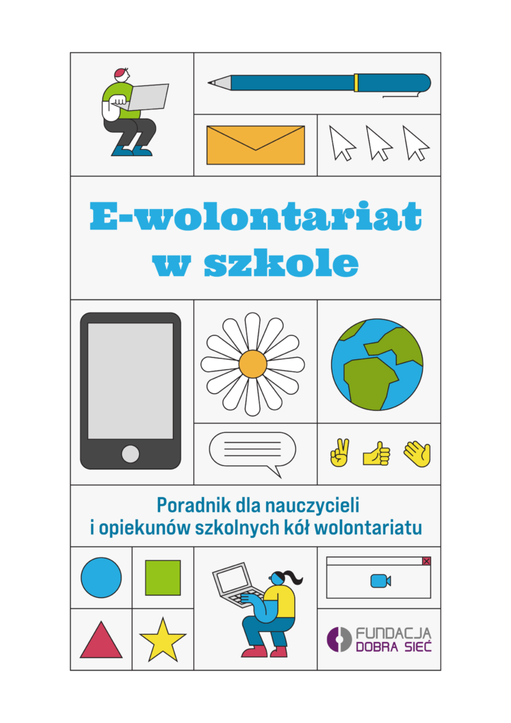 Okładka broszury "E-wolontariat w szkole" z rysunkami związanymi z internetem i komputerami