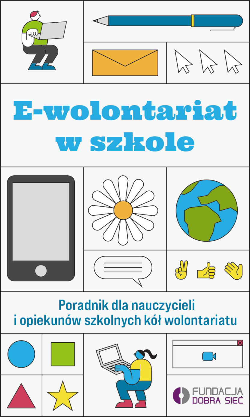Okładka broszury "E-wolontariat w szkole" z rysunkami związanymi z internetem i komputerami