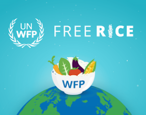 Grafika przedstawia miskę wypełnioną jedzeniem, nad którą znajduje się nazwa gry i logo UN WFP.